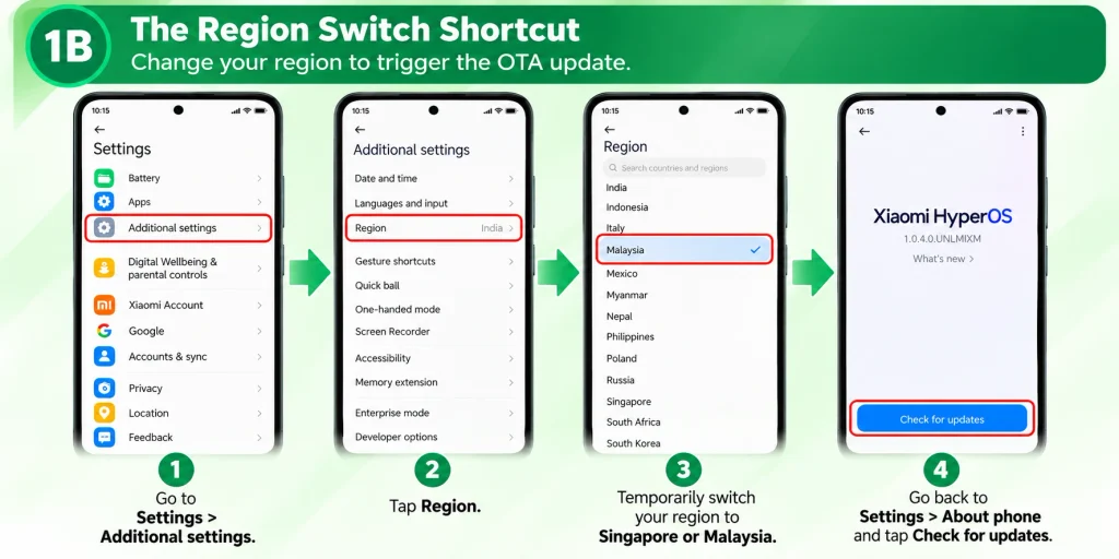 Temporarily change phone region to force OTA software update on Xiaomi phone