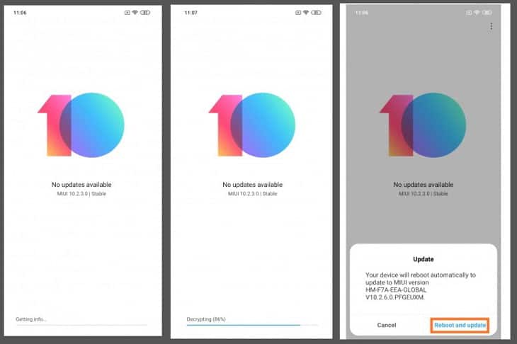 click on reboot and update to install latest update in mi