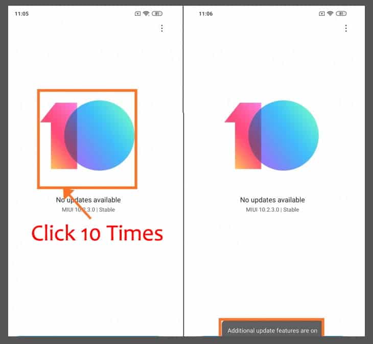 click 10 times on miui logo