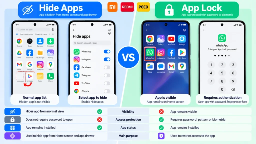 Comparison infographic showing the difference between Hide Apps and App Lock on Xiaomi Redmi phones