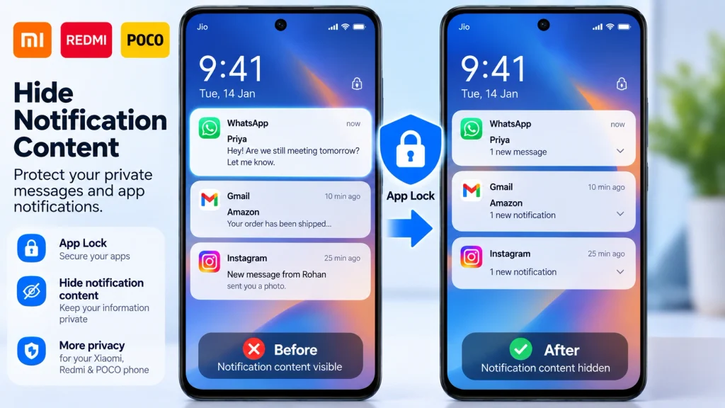 Before and after comparison of hiding sensitive notification content with App Lock on Xiaomi Redmi