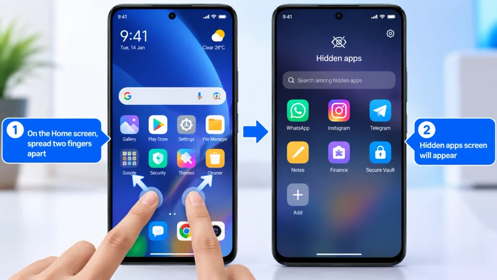 How to find and open hidden apps in Redmi using two finger spread gesture on home screen