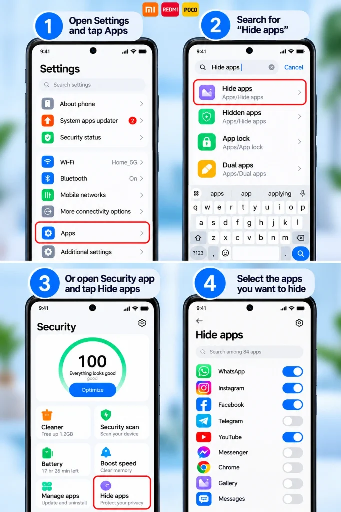 Infographic tutorial showing how to hide apps in Mi phone using Settings search and Security app