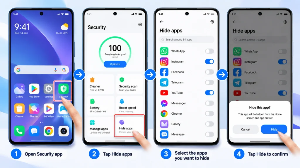 Four-step guide on how to hide apps in Redmi using the Security app