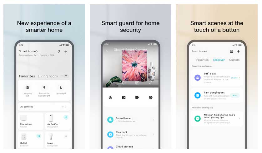 mi home for xiaomi security camera app UI for Android mobile