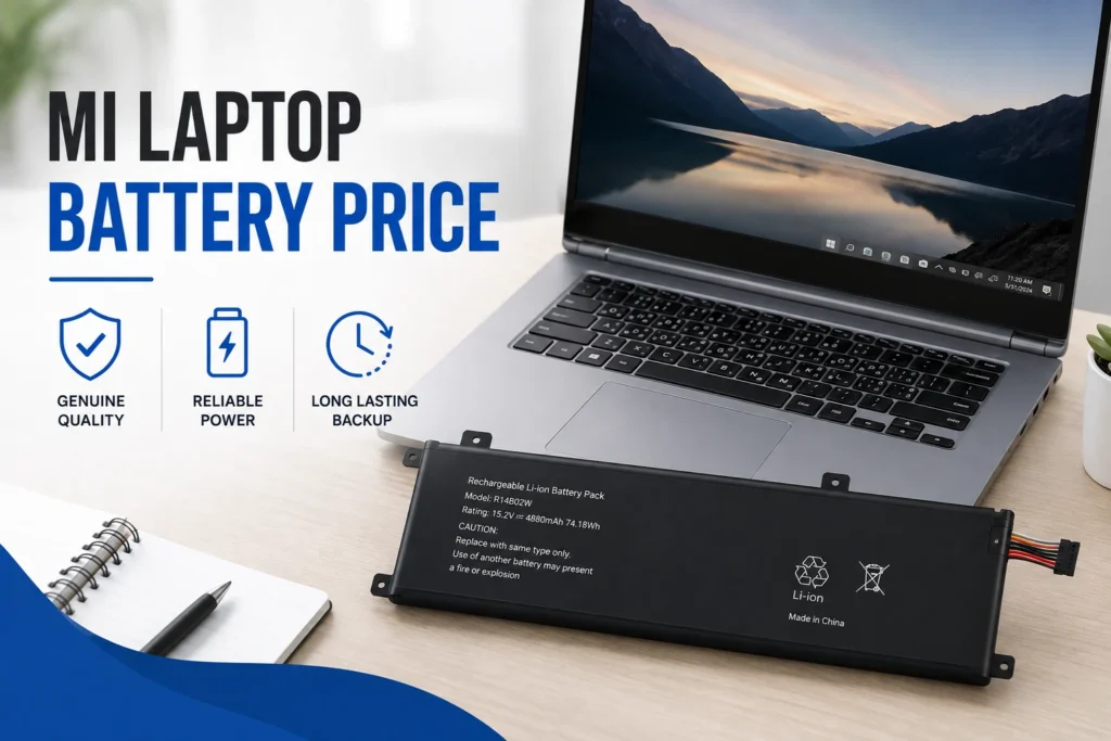 Original Mi laptop replacement battery pack Model R14B02W placed beside an open Mi notebook on a wooden desk