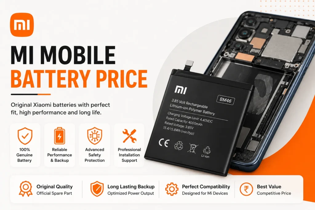 Original Xiaomi Mi mobile phone replacement battery BM46 beside an opened smartphone showing internal components