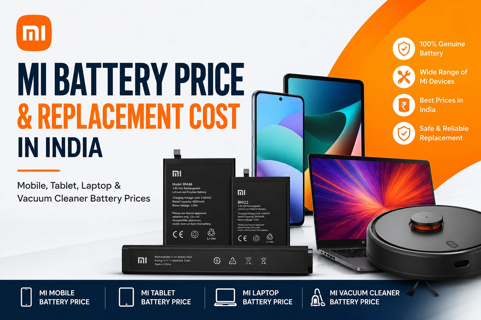 Overview infographic of Mi battery prices in India for smartphones, tablets, laptops, and robot vacuum cleaners