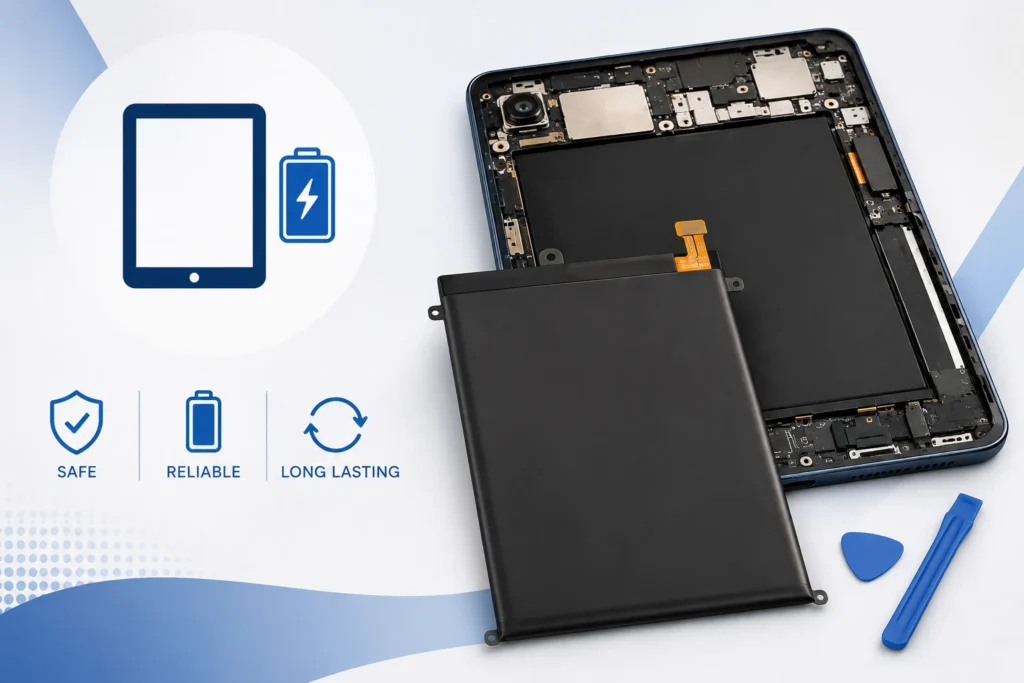 Xiaomi Mi Pad tablet replacement battery with blue opening pry tools next to a disassembled tablet
