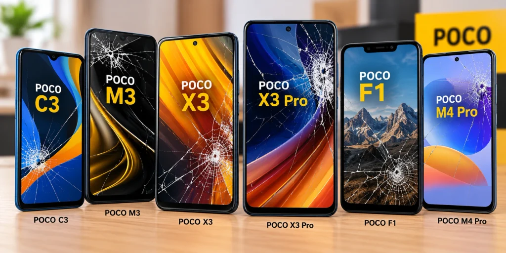 POCO display price in India infographic guide showing screen replacement cost, repair options, warranty information, and damaged screen close-up