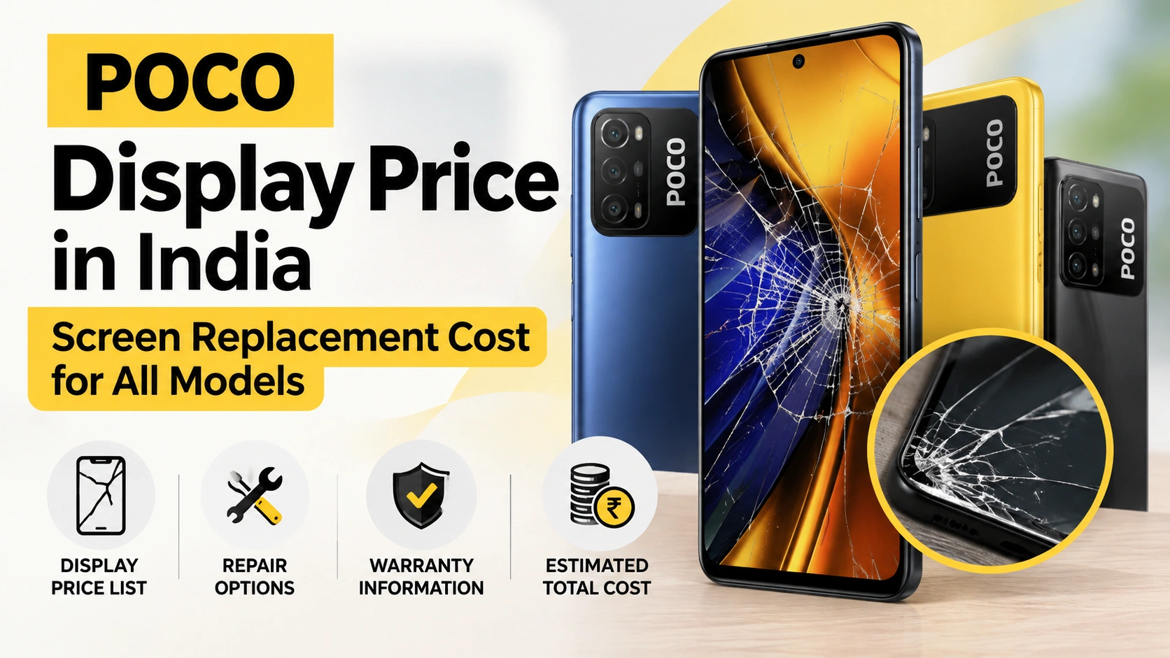 POCO display price in India infographic guide showing screen replacement cost, repair options, warranty information, and damaged screen close-up