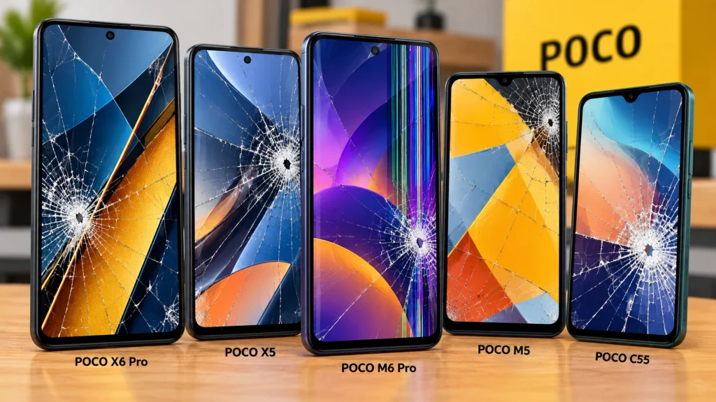 Lineup of POCO smartphones including POCO X6 Pro, X5, M6 Pro with vertical screen line damage, M5, and C55 showing cracked display screens before repair